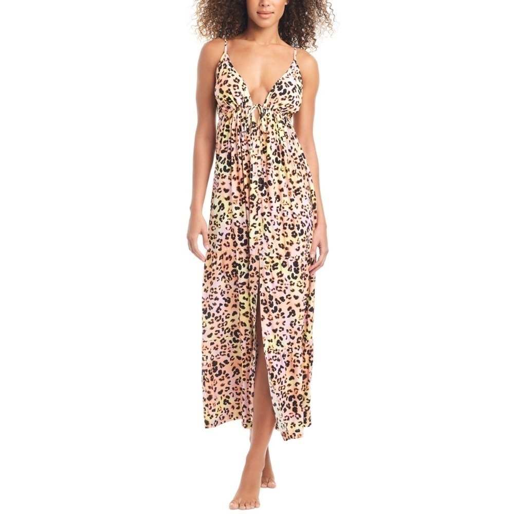 Bar III Animal Print Swim Cover-Up Maxi Dress V-Neck Tie Front Flowy